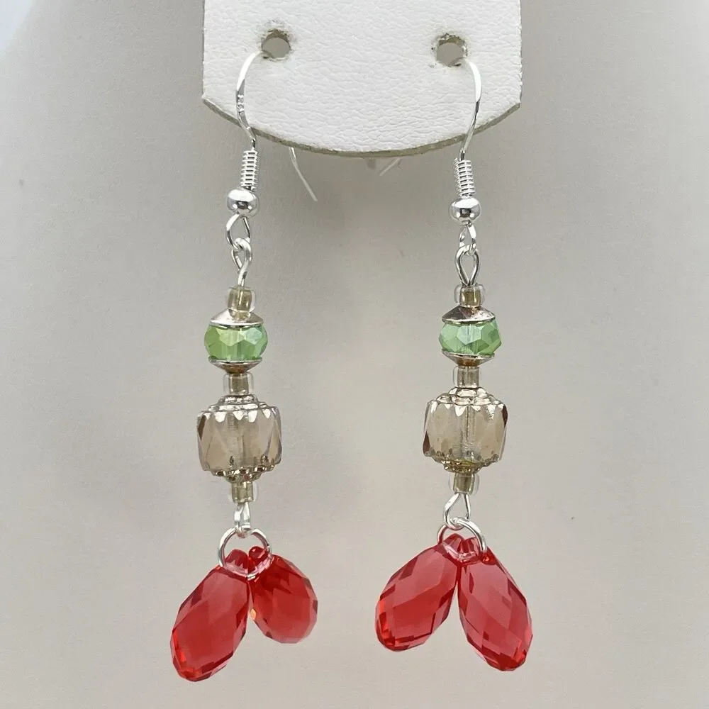 Earrings Swarovski Crystals Red Teardrop Glass Beaded Dangle Silver Plated